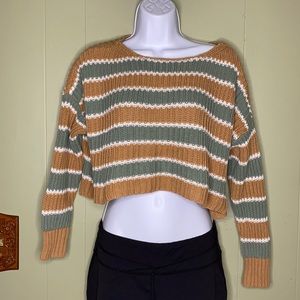 American Eagle Cropped stripe Tan/Green Sweater XS